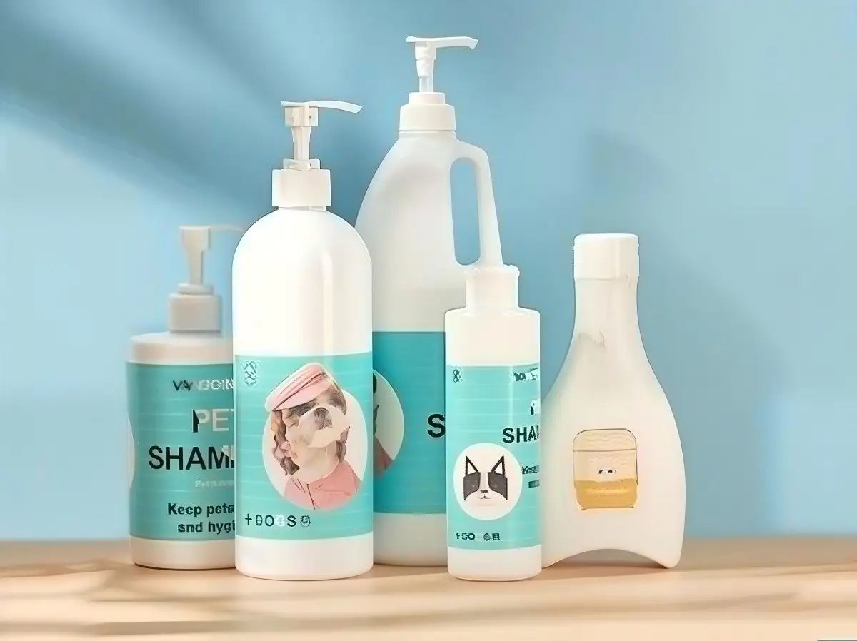 Pet shampoo and grooming liquid bottle packaging